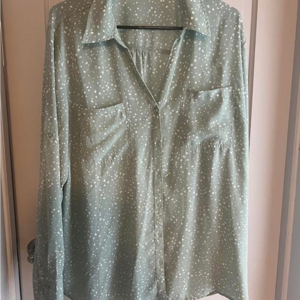 Maurices Light Green Button Down Shirt with White Dots